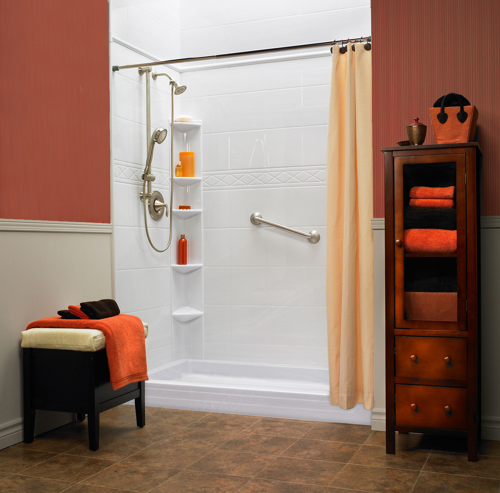 Mid-sized transitional bathroom in Other with white tile, orange walls, ceramic floors, an alcove shower and ceramic tile.