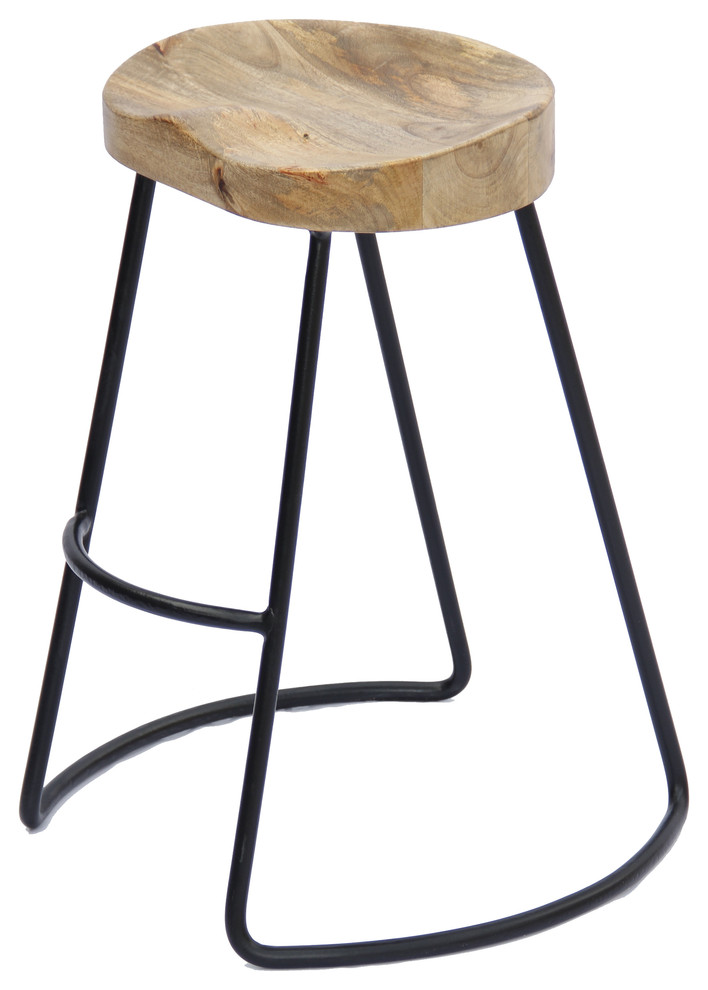 Wooden Saddle Seat Barstool With Metal Legs, Large, Brown And Black