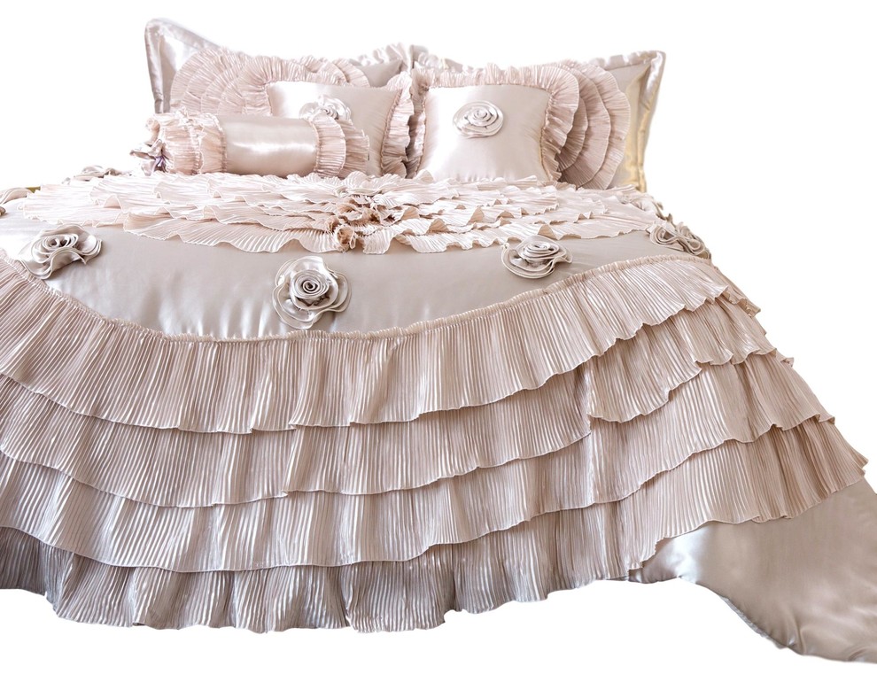 Frosted Fields Faux Satin Luxury Ruffle Comforter Set California