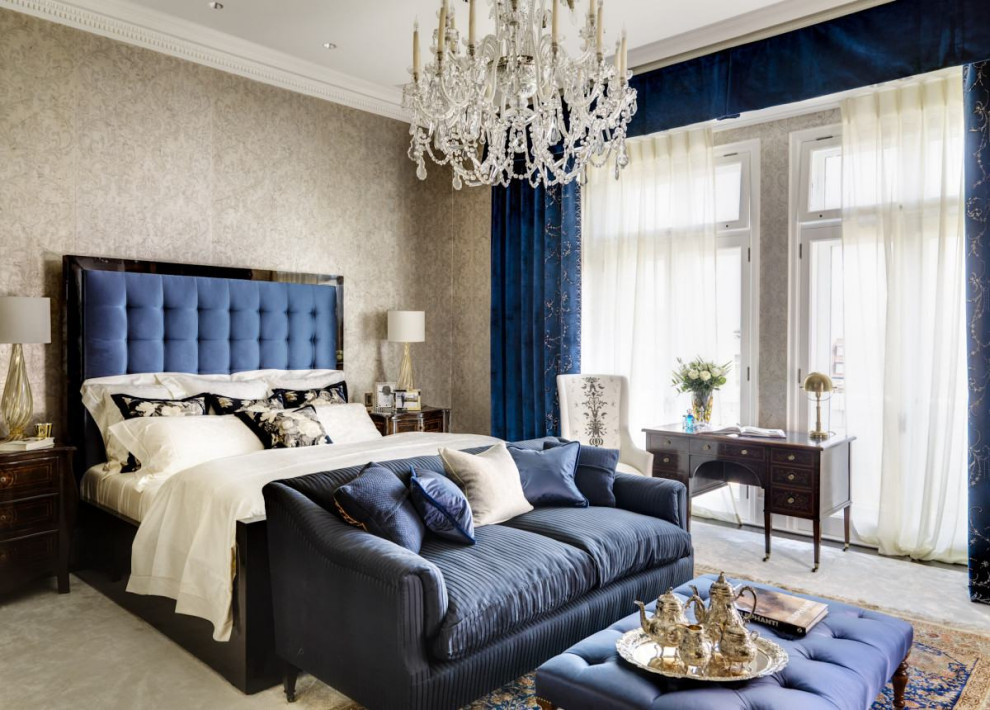 Inspiration for a large classic master bedroom in London with beige walls, carpet, no fireplace, grey floors, a coffered ceiling, wallpapered walls and feature lighting.