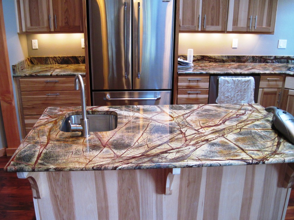 Example of a large transitional dark wood floor kitchen design in Seattle with an undermount sink, shaker cabinets, light wood cabinets, marble countertops, stone slab backsplash and an island