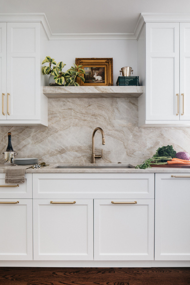 Large transitional dark wood floor and brown floor eat-in kitchen photo in Chicago with an undermount sink, recessed-panel cabinets, white cabinets, quartzite countertops, beige backsplash, a peninsula and beige countertops