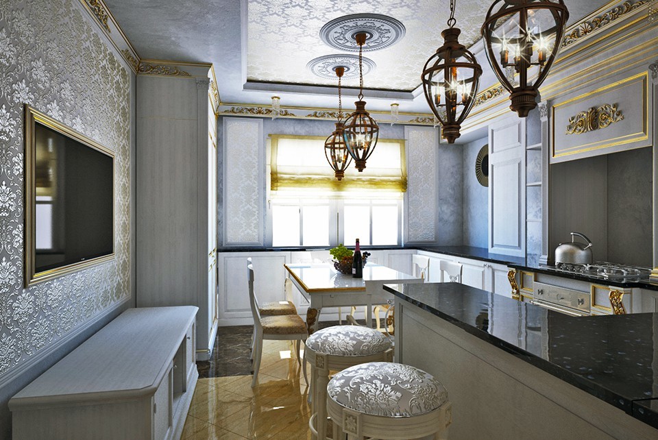 Эскизы дизайна гостиной, холла и кухни