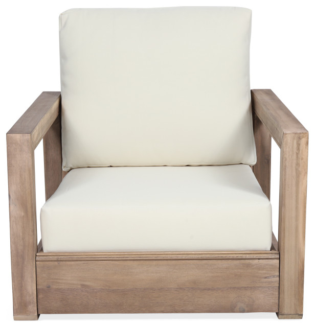 Andrae Outdoor Acacia Wood Club Chair With Cushion, Brown and Beige