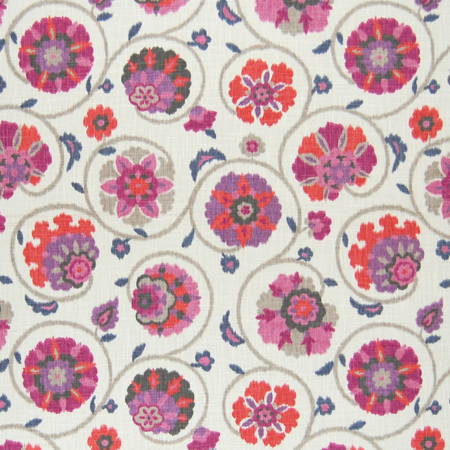Punch Pink Purple Floral Ikat Scroll Suzani Cotton Made in USA Upholstery Fabric
