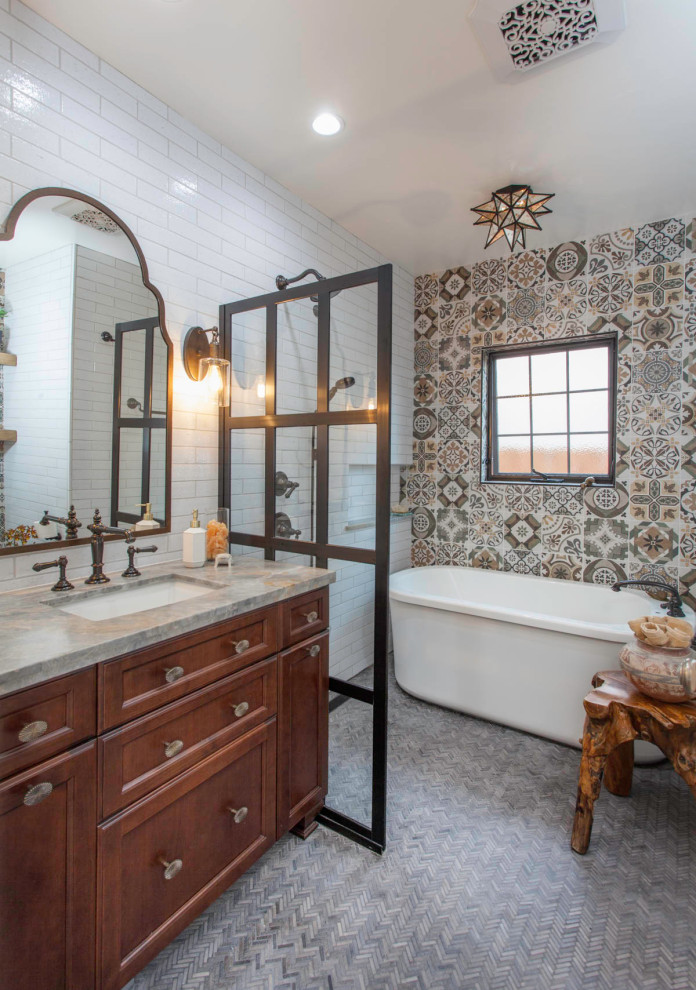 Design ideas for a small eclectic wet room bathroom in San Diego with recessed-panel cabinets, medium wood cabinets, a freestanding bath, a one-piece toilet, white tiles, ceramic tiles, mosaic tile flooring, quartz worktops, grey floors, green worktops, a single sink and a freestanding vanity unit.