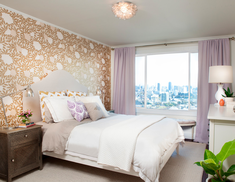 This is an example of a transitional bedroom in San Francisco with multi-coloured walls.