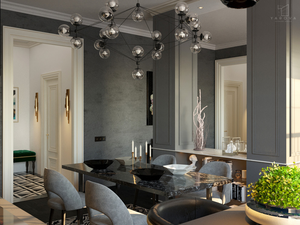 Cette photo montre une grande salle à manger ouverte sur la cuisine moderne avec un mur gris, parquet foncé, une cheminée ribbon, un manteau de cheminée en métal et un sol noir.