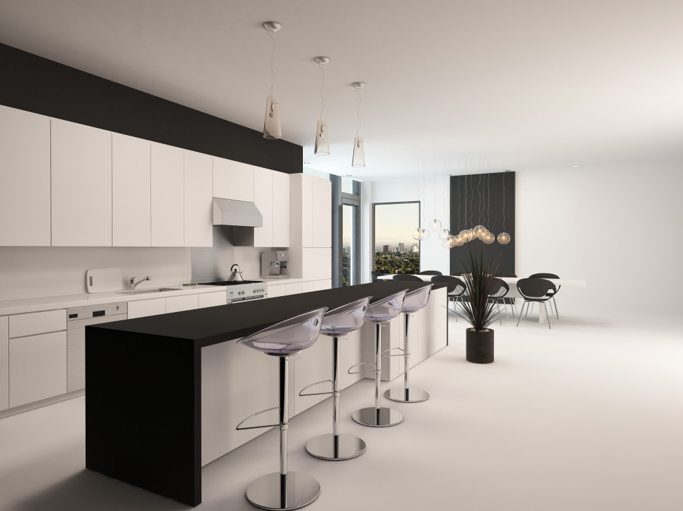 Design ideas for a medium sized modern galley kitchen/diner in Los Angeles with a submerged sink, flat-panel cabinets, white cabinets, engineered stone countertops, white splashback, engineered quartz splashback, stainless steel appliances, ceramic flooring, an island, white floors and black worktops.
