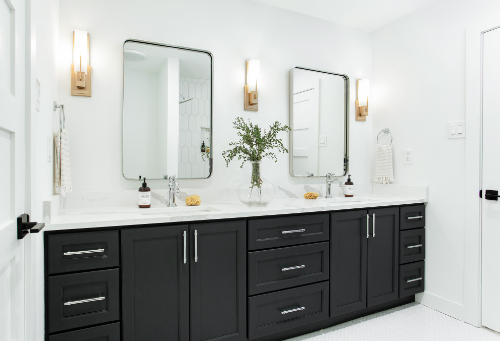 Design ideas for a mid-sized transitional kids bathroom in Dallas with porcelain tile, an undermount sink, engineered quartz benchtops, white benchtops, recessed-panel cabinets, black cabinets, white walls, mosaic tile floors, white floor and a double vanity.