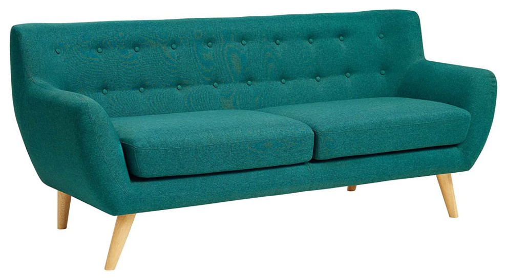 Retro Sofa, Natural Wooden Legs & Polyester Seat With Button Tufted