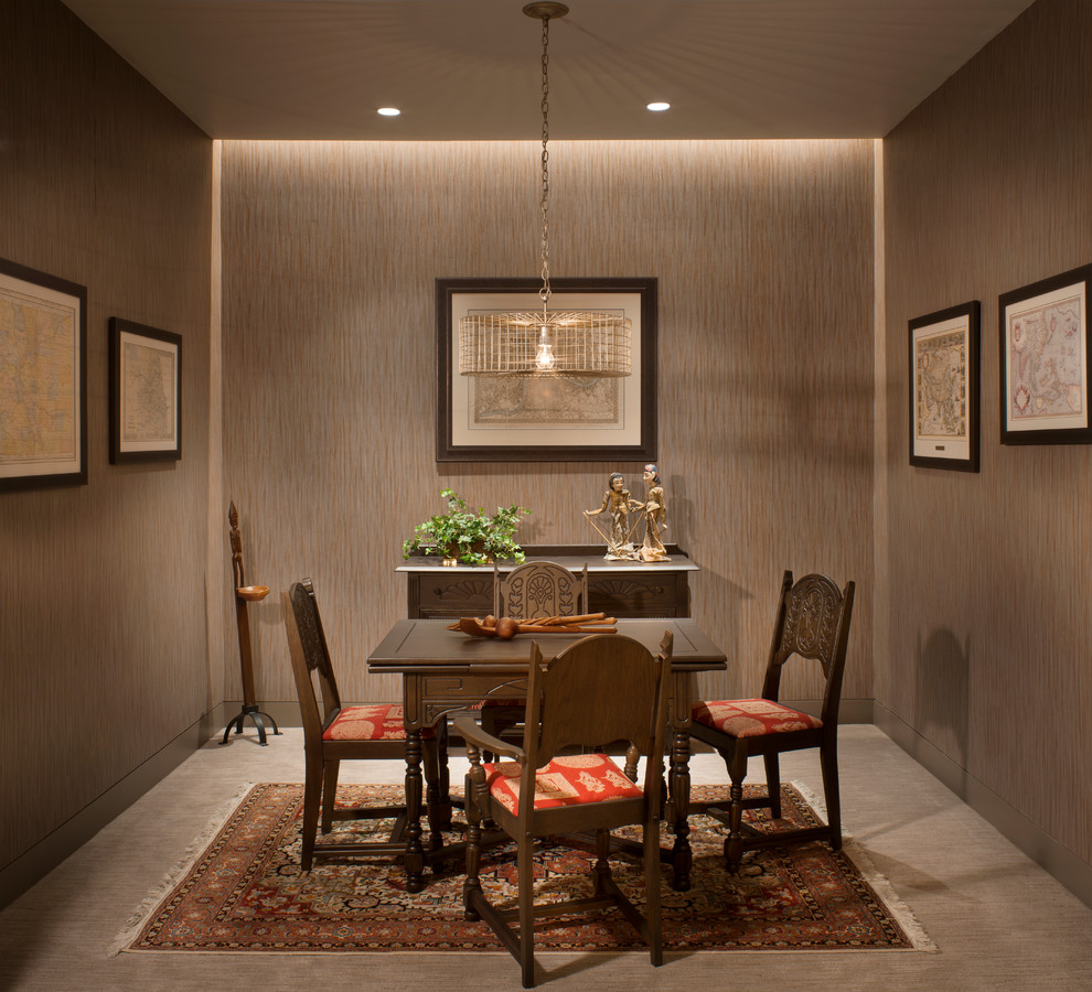This is an example of a mid-sized transitional separate dining room in Denver with beige walls, no fireplace and beige floor.