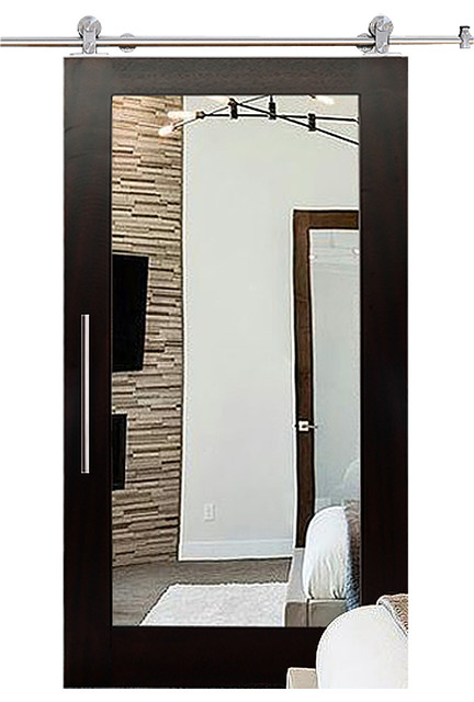 Mirrored Mahogany Sliding Barn Door With Mirror Insert 36 X84 36 X84 Inches