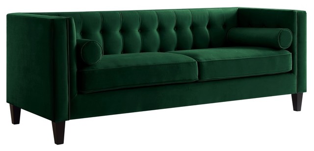 Branwen Velvet Button Tufted Sofa Square Arms Tapered Leg Green