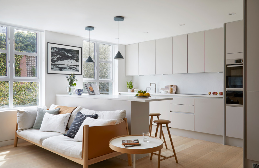 Kleines, Offenes Modernes Wohnzimmer mit weißer Wandfarbe und hellem Holzboden in London
