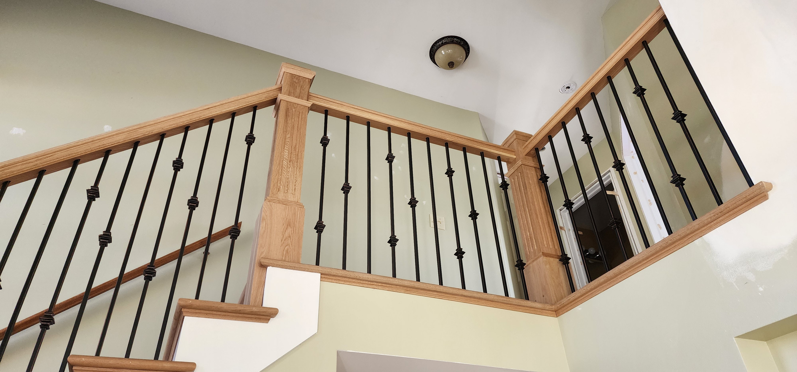 Opened Walls & Stringers, Box Newel White Oak Staircase with Iron