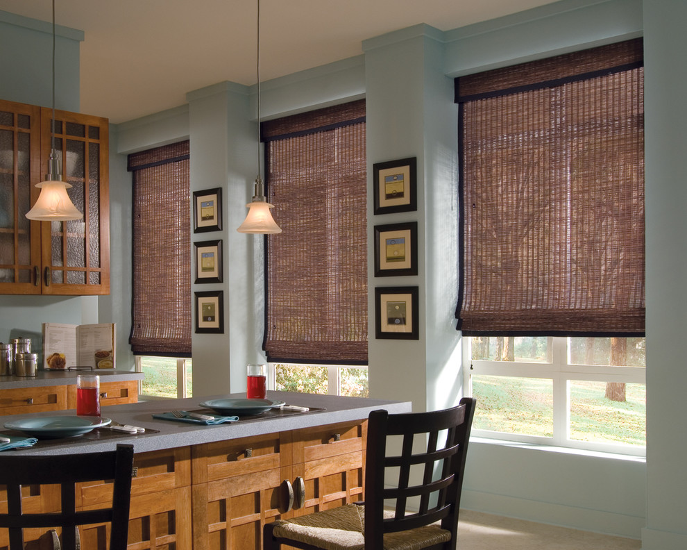 Example of a large transitional u-shaped porcelain tile and beige floor open concept kitchen design in Chicago with glass-front cabinets, medium tone wood cabinets, granite countertops and an island