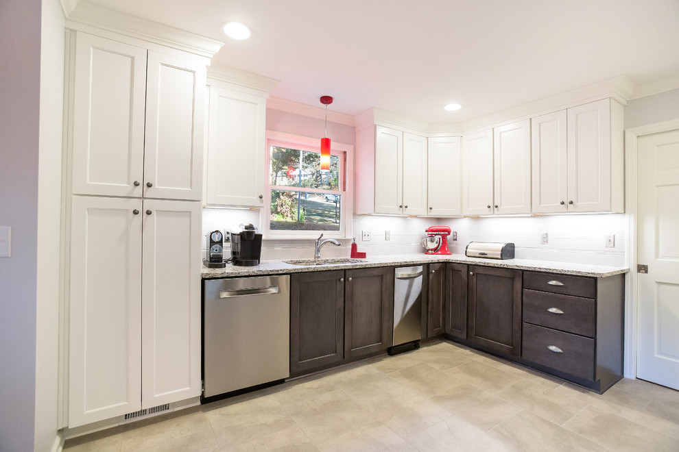Enclosed kitchen - mid-sized transitional u-shaped porcelain tile enclosed kitchen idea in Birmingham with a double-bowl sink, shaker cabinets, granite countertops, gray backsplash, ceramic backsplash, stainless steel appliances and no island