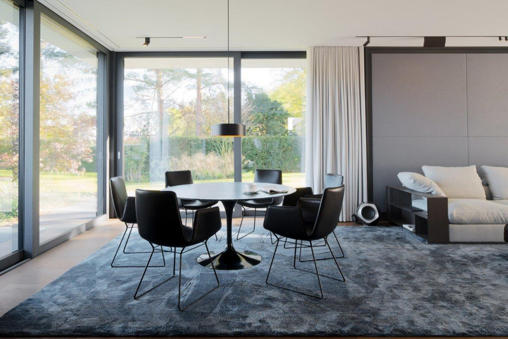 Идея дизайна: огромная гостиная-столовая в современном стиле с серыми стенами, ковровым покрытием, черным полом и многоуровневым потолком без камина