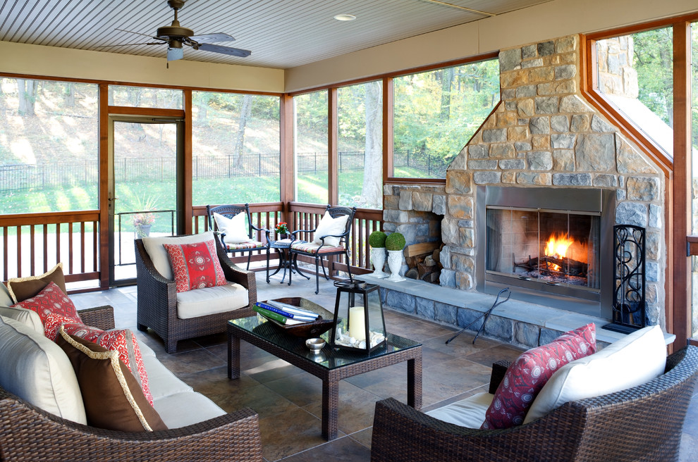 Country verandah in Philadelphia with a fire feature.