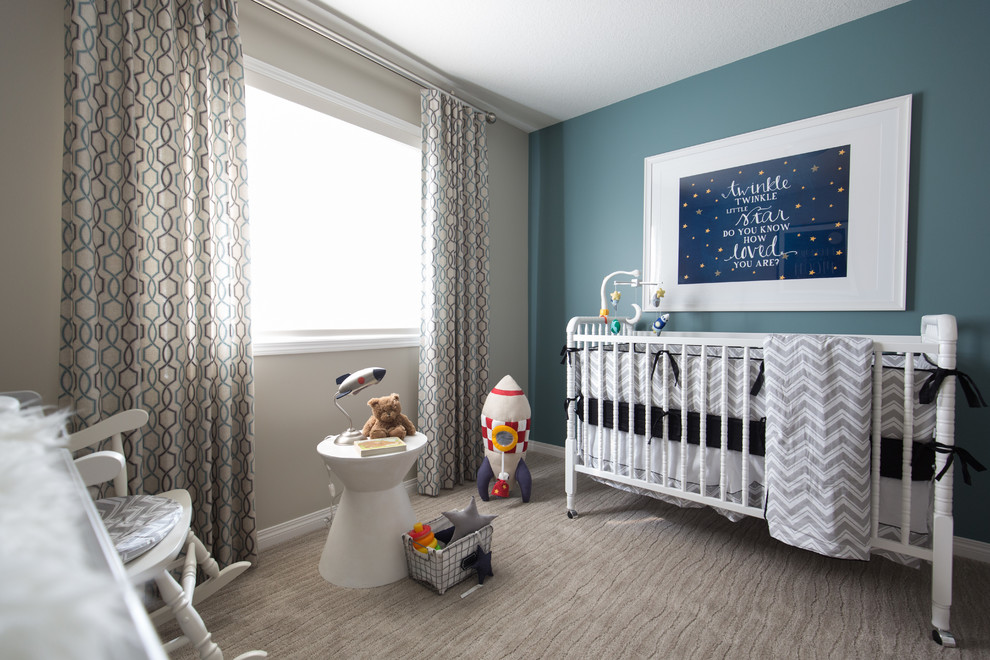 Example of a mid-sized transitional boy carpeted and gray floor nursery design in Calgary with gray walls