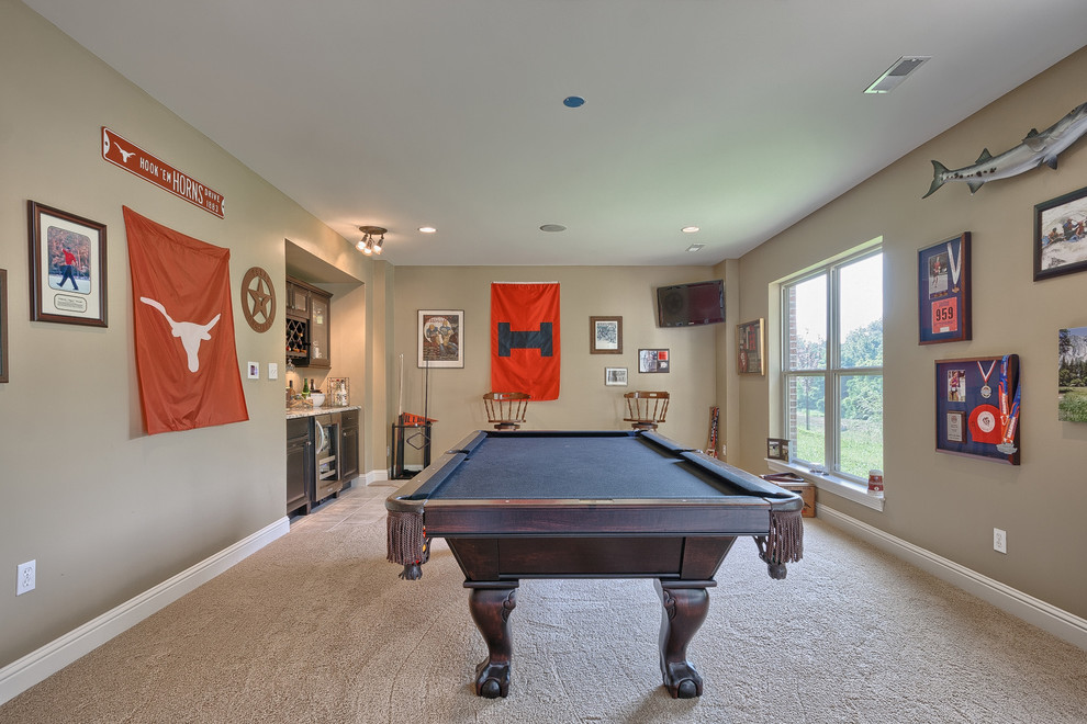Design ideas for a large traditional enclosed family room in St Louis with a game room, beige walls, carpet, no fireplace and a wall-mounted tv.