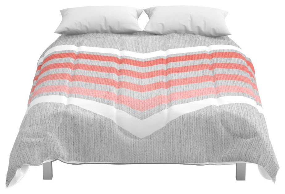 Society6 Coral Gradient Chevron On Silver Grey Wood Comforter