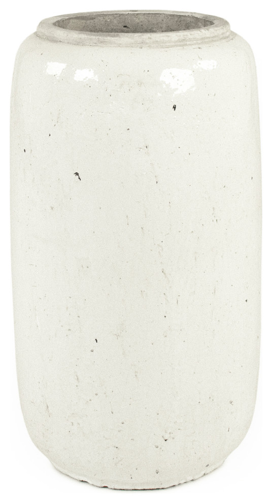 Distressed Terracotta Vase, Large, Cylindrical, OffWhite Rustic