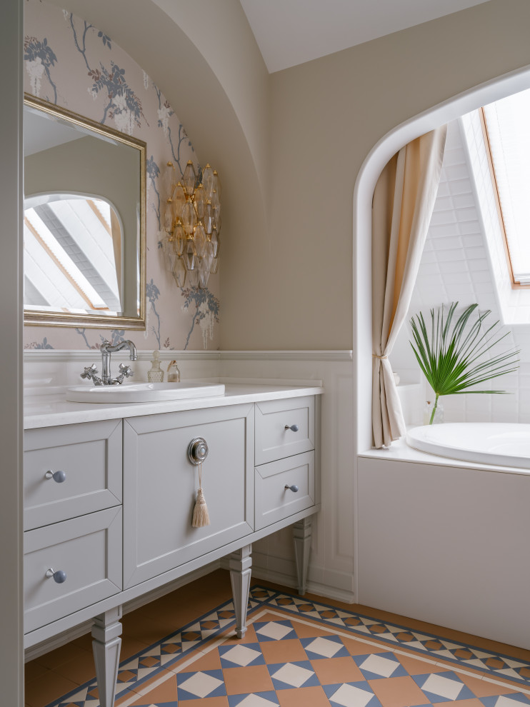 Bathroom - mid-sized traditional master beige tile and ceramic tile ceramic tile, brown floor, single-sink, coffered ceiling and wall paneling bathroom idea in Moscow with recessed-panel cabinets, beige cabinets, a bidet, beige walls, a pedestal sink, marble countertops, beige countertops, a niche and a floating vanity