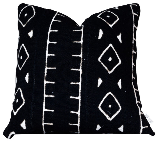 Cameroon Decorative Pillow, Authentic Black and White African Mud Cloth