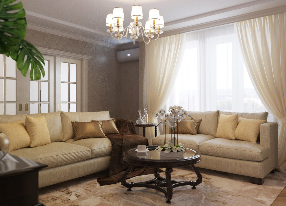 Интерьер кухни и гостиной в трехкомнатной квартире