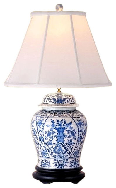 Blue And White Porcelain Temple Jar, Blue And White Porcelain Temple Jar Table Lamp