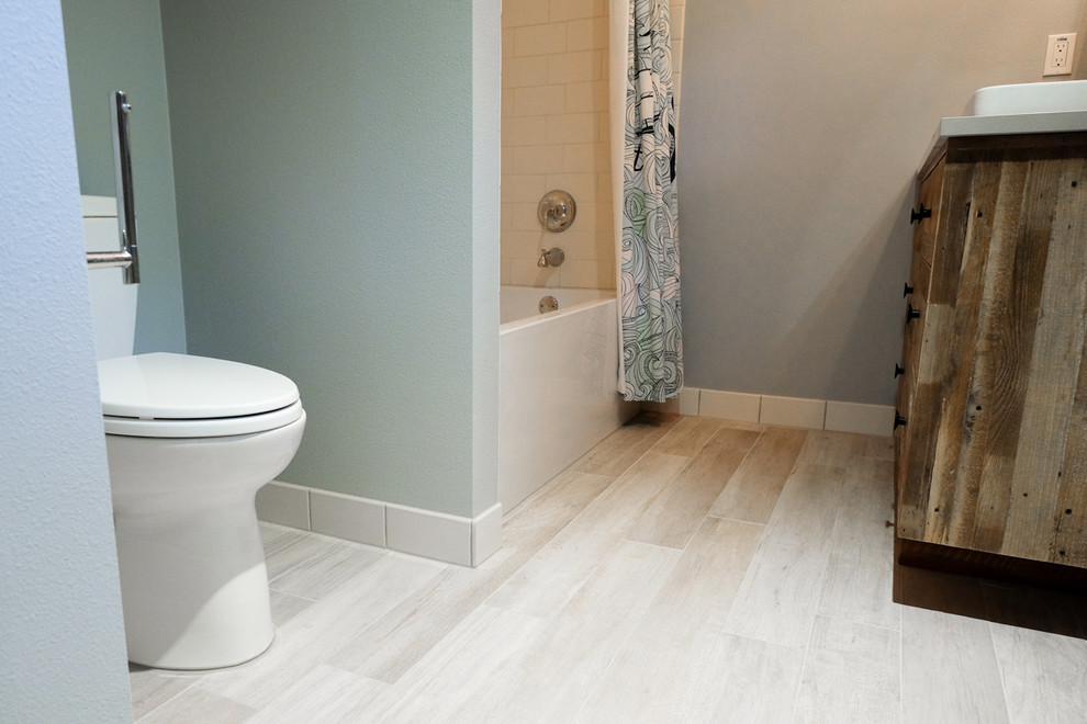 Small trendy white tile and subway tile bathroom photo in Austin with medium tone wood cabinets