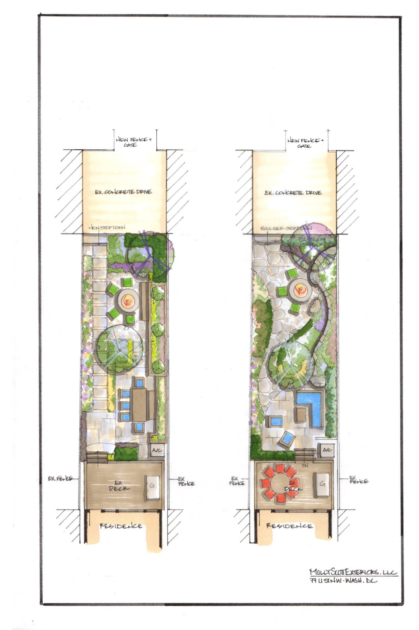 Two very different designs for the same long, narrow space in NW Washington, DC.