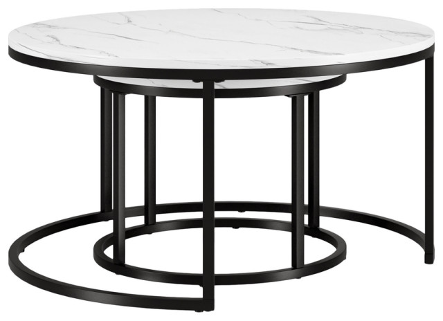 Set of Two 35" White And Black Faux Marble And Steel Round Nested Coffee Tables