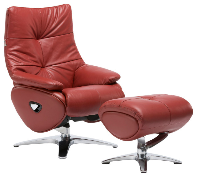 Grain Leather Ergonomic Manual Recliner, Leather Reclining Chair Ottoman