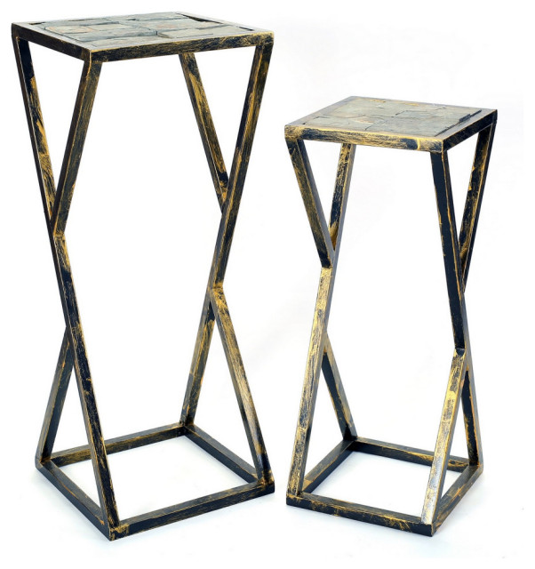 Stone Top Plant Stand With Geometric Base, Set of 2, Black and Gray