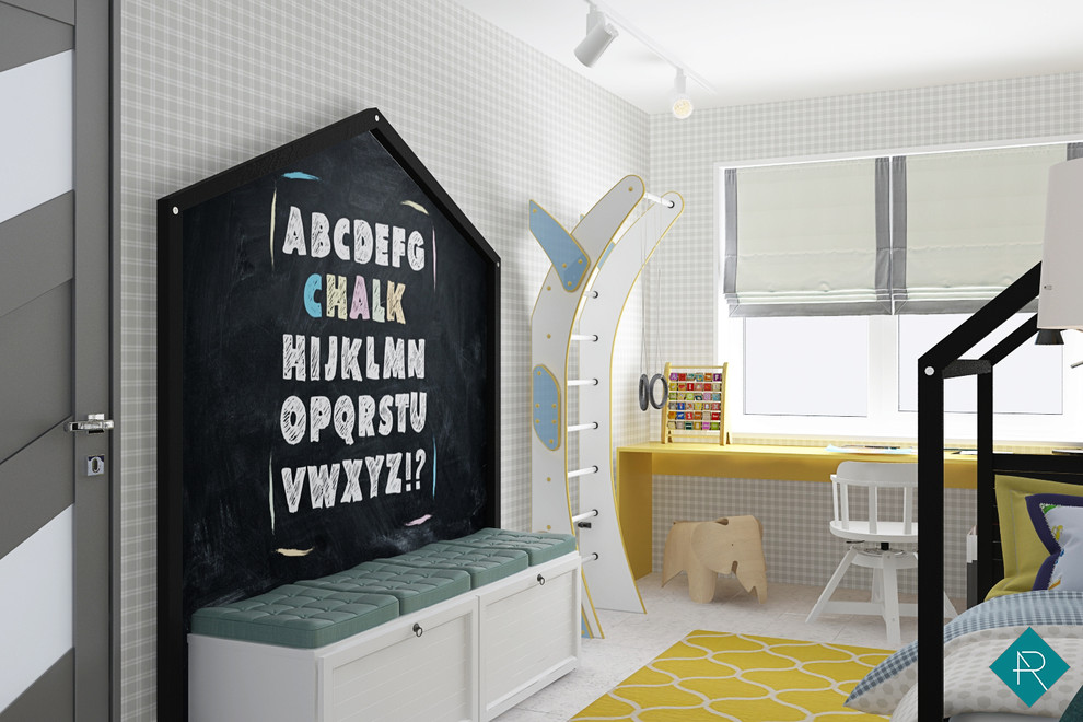 Design ideas for a mid-sized scandinavian nursery for boys in Other with multi-coloured walls and porcelain floors.