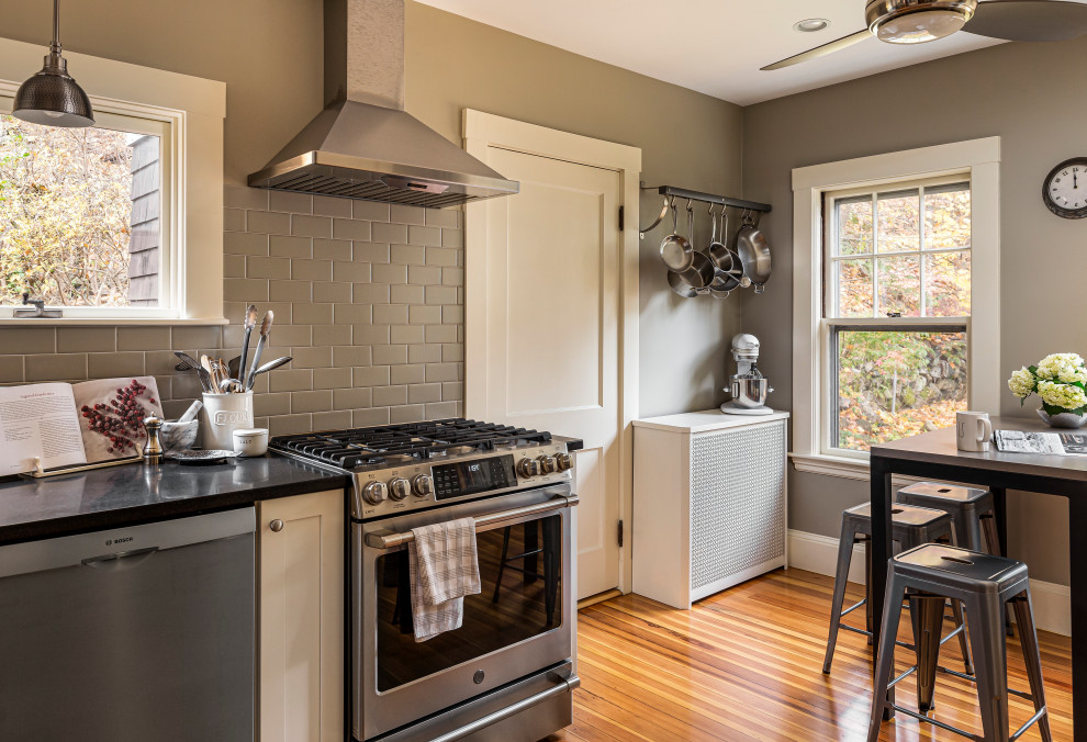 Kitchen pantry - mid-sized transitional galley light wood floor kitchen pantry idea in Boston with a farmhouse sink, shaker cabinets, white cabinets, granite countertops, gray backsplash, subway tile backsplash, stainless steel appliances, no island and black countertops
