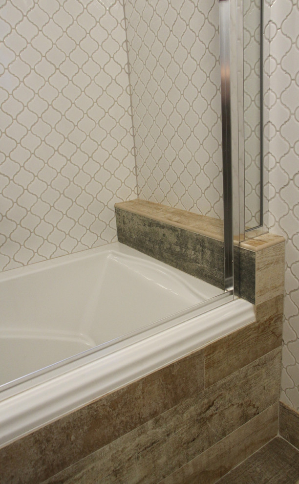 Drop-in bathtub - mid-sized rustic white tile and porcelain tile ceramic tile drop-in bathtub idea with flat-panel cabinets, white cabinets, white walls, an integrated sink and soapstone countertops