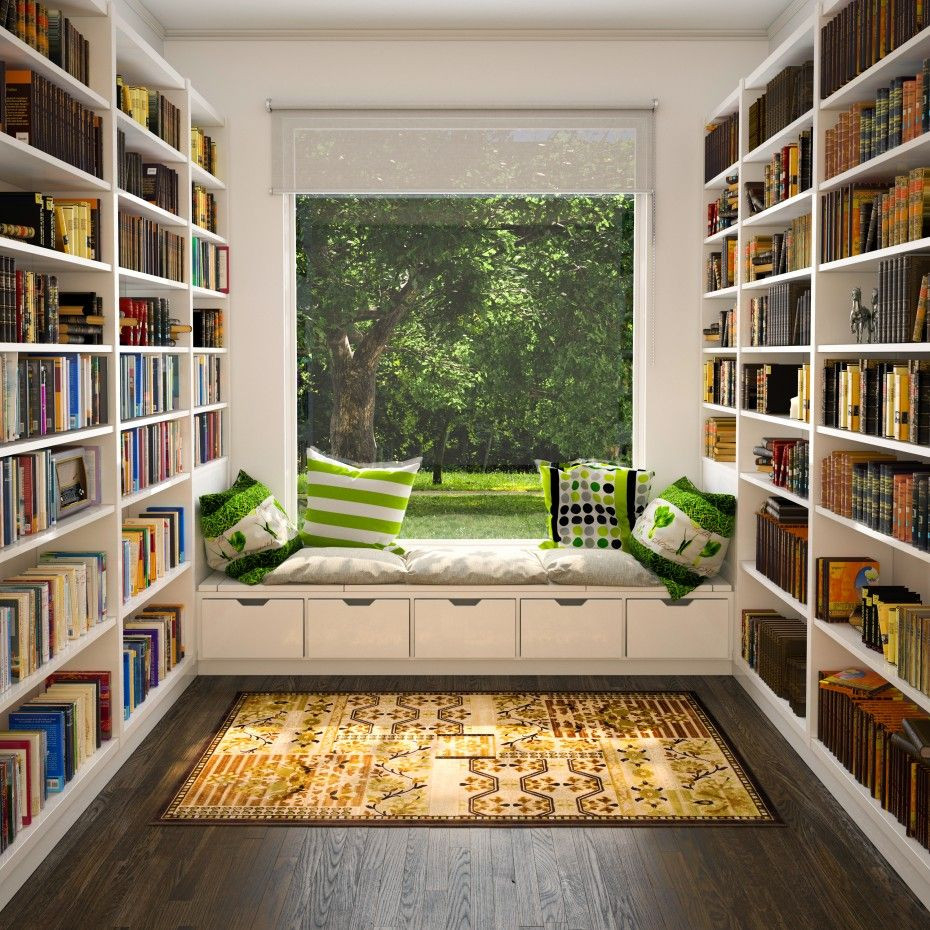 Idee per uno studio moderno con pareti bianche, pavimento marrone e libreria