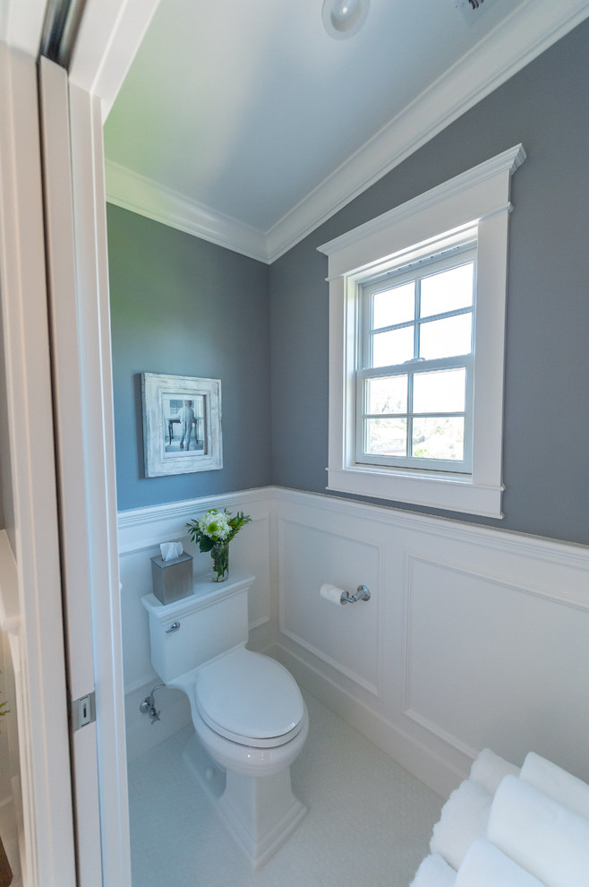 Mid-sized country master bathroom in San Francisco with recessed-panel cabinets, white cabinets, a claw-foot tub, a double shower, a two-piece toilet, white tile, subway tile, grey walls, mosaic tile floors, an undermount sink and marble benchtops.