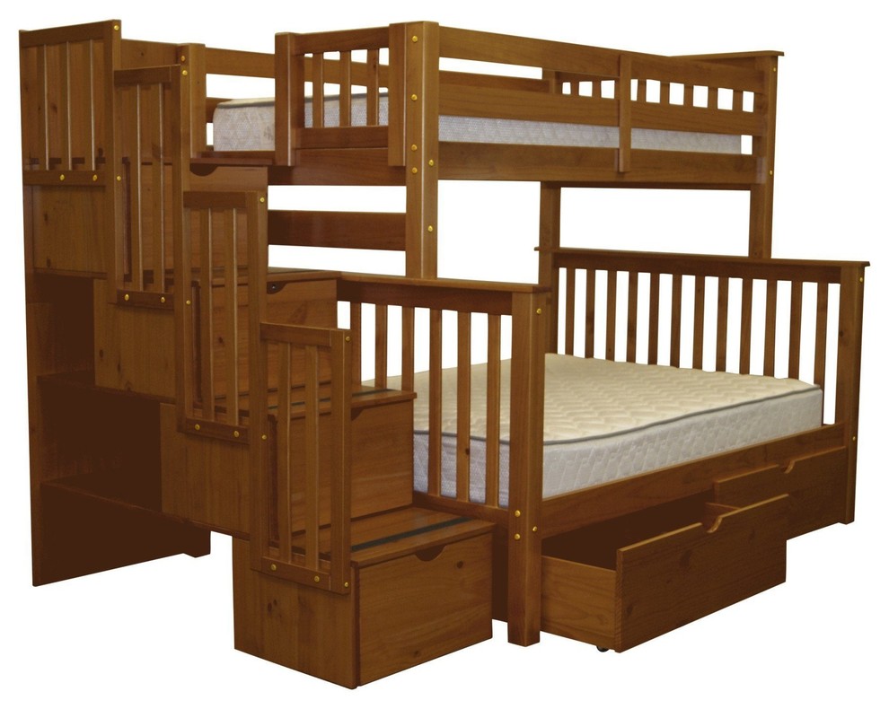 Bedz King Bunk Beds Twin over Full Stairway, 4 Step & 2 Bed Drawers, Espresso