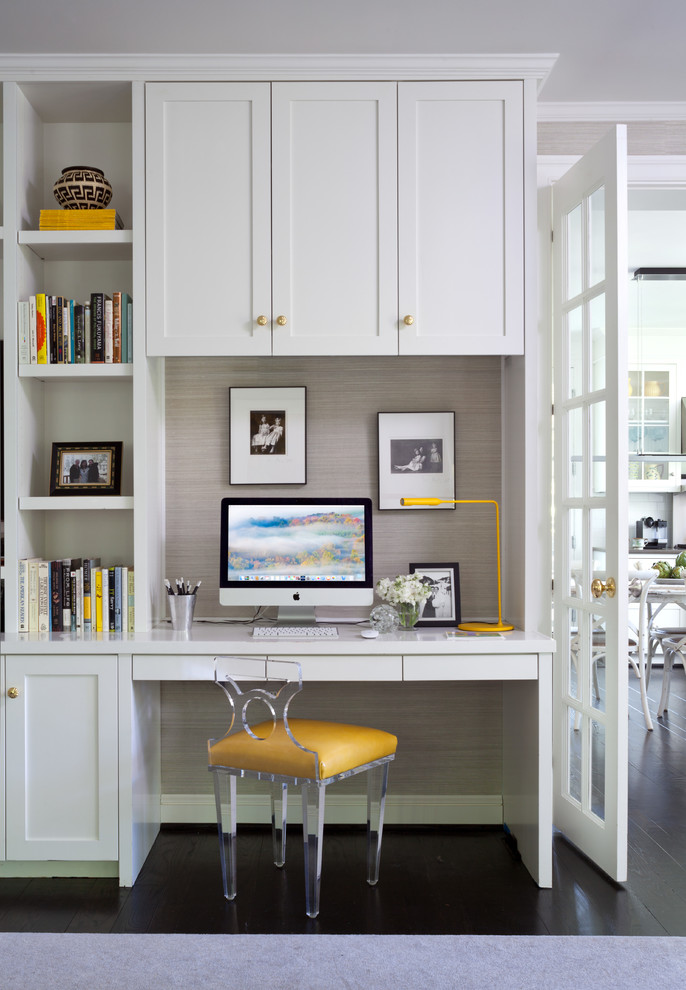 Inspiration for a transitional study room in DC Metro with grey walls, dark hardwood floors and a built-in desk.