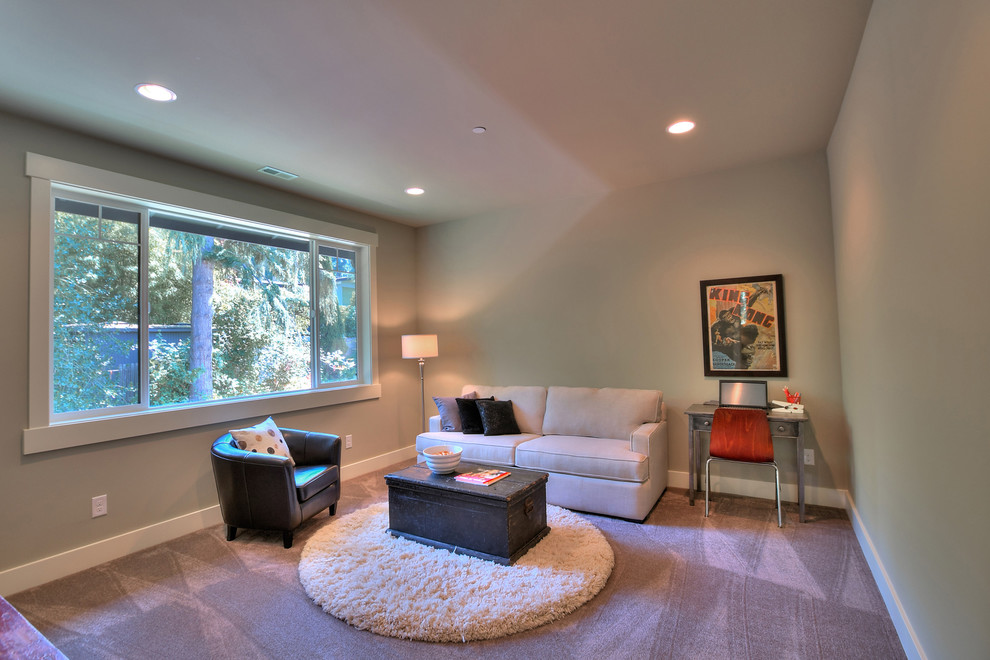 Mid-sized transitional enclosed family room in Seattle with grey walls, carpet and no tv.