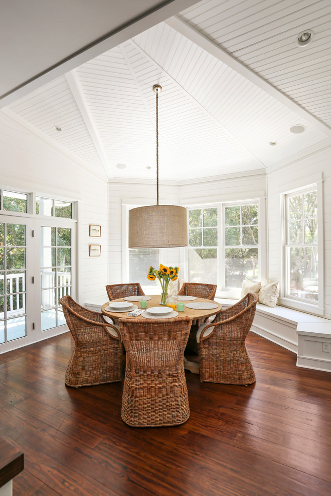 Photo of a beach style dining room in San Francisco with white walls and dark hardwood floors.