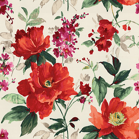 Bright Red Painterly Floral Sateen Fabric