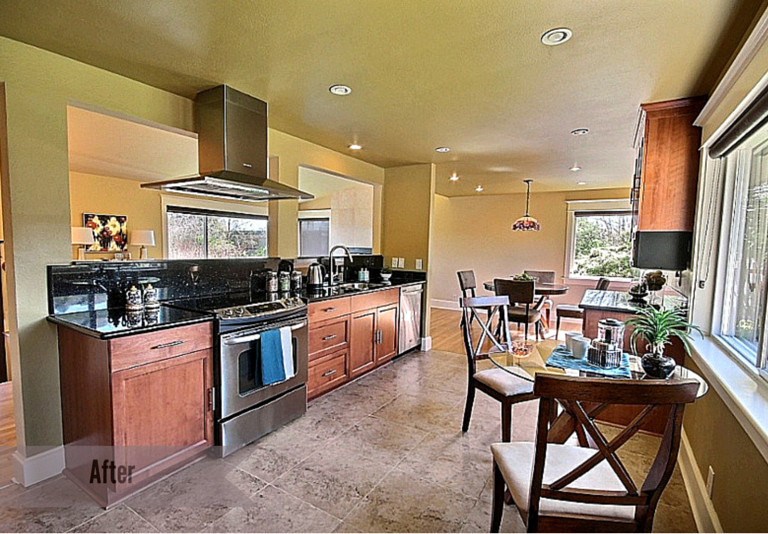 Example of a large transitional galley open concept kitchen design in Seattle with a double-bowl sink, shaker cabinets, medium tone wood cabinets, granite countertops, black backsplash, stainless steel appliances and no island