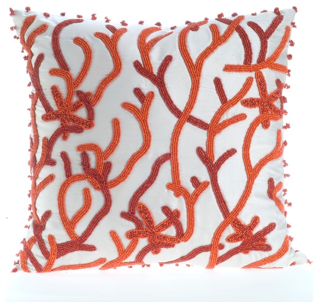 Ivory Silk With Coral Hand Beaded Pillow Cover 16 Beach Style