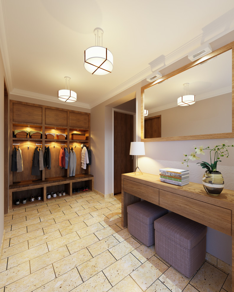 Large minimalist porcelain tile and beige floor mudroom photo in Chicago with gray walls